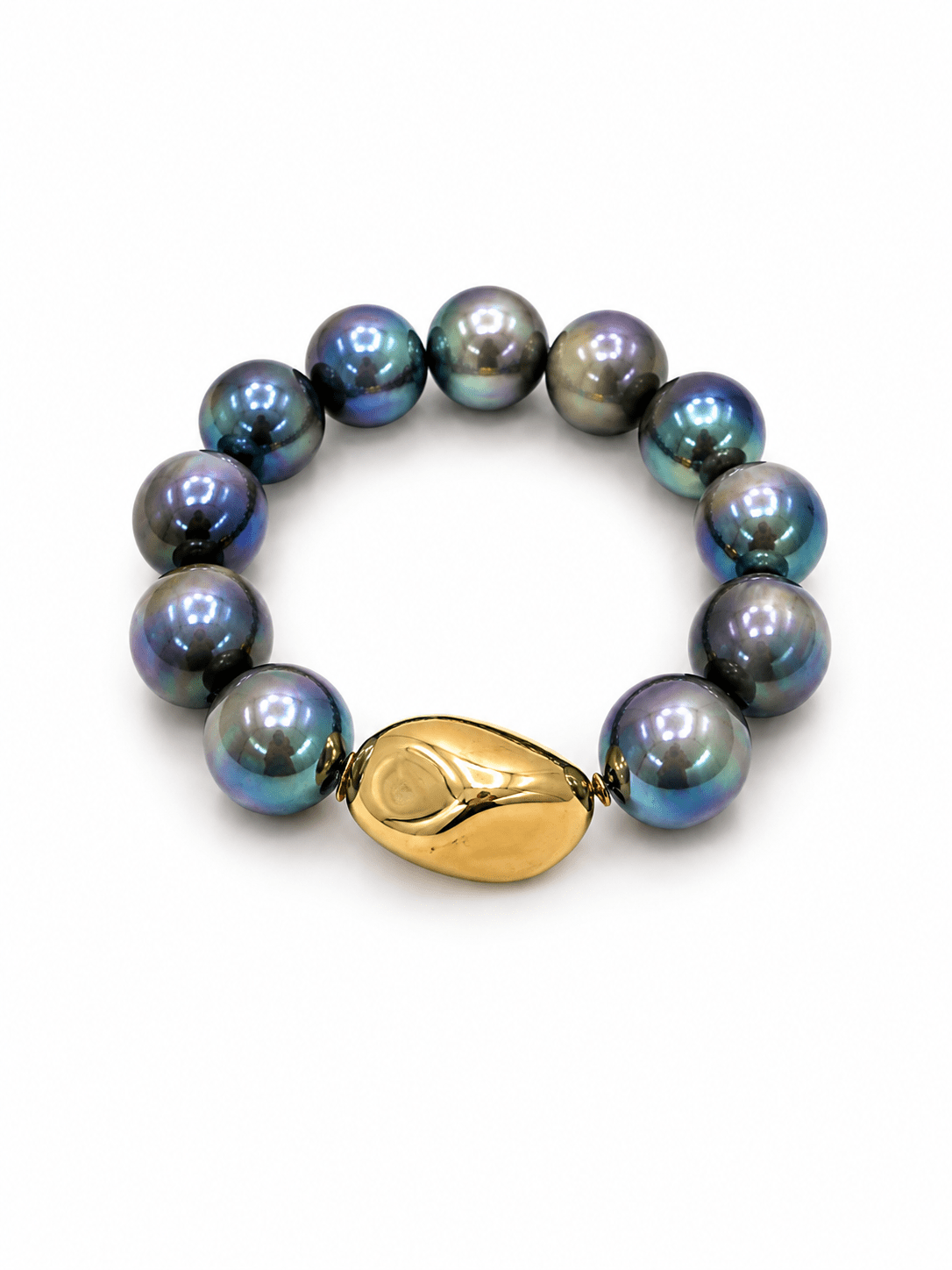 Glossy grey beads strung with gold beads on a bracelet