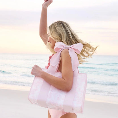 Afternoon Rose jelly tote with bow trim and carry handles
