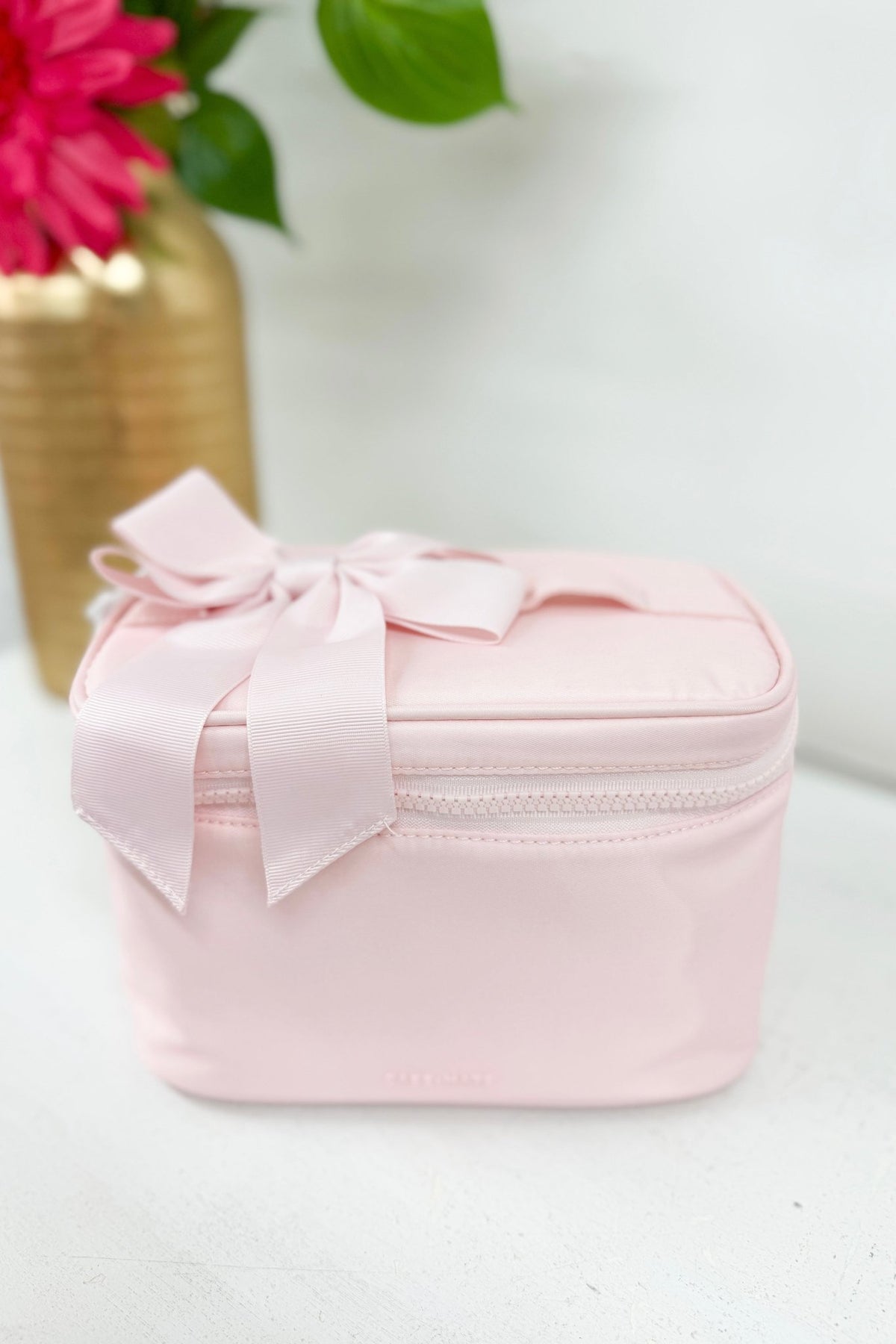 Ballet pink makeup train case with a top handle