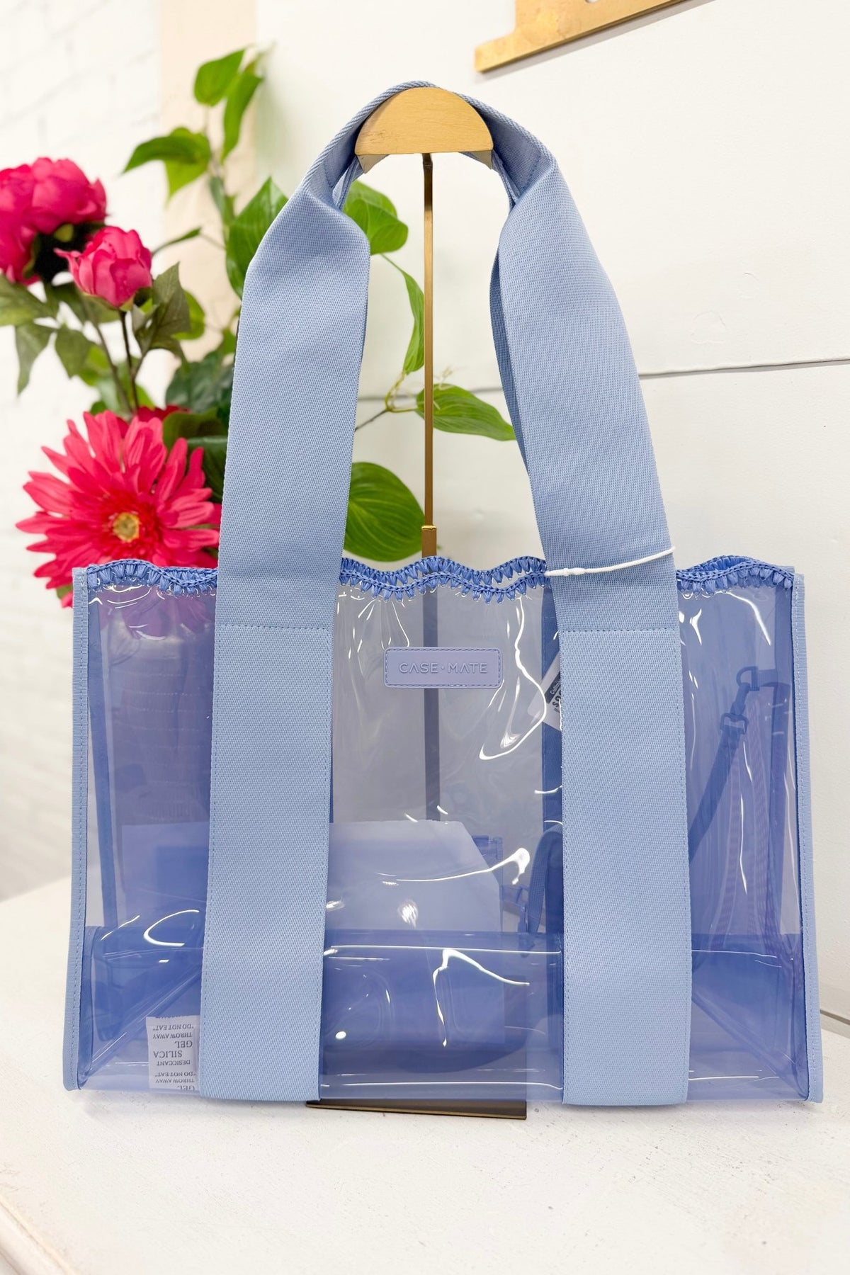 Carolina blue crochet tote bag with an open weave texture