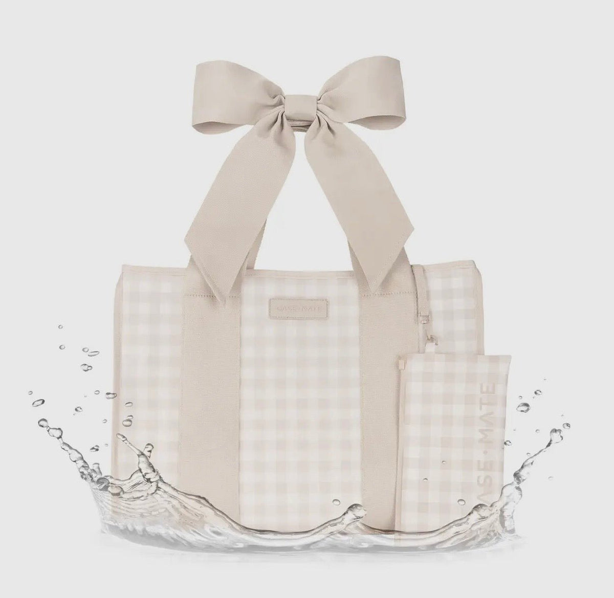 Latte gingham jelly tote bag with a bow detail