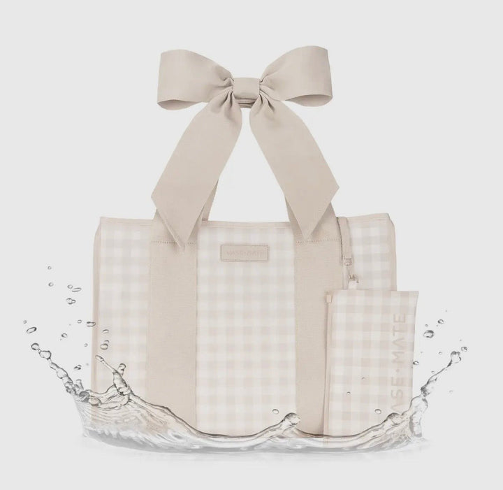 Latte gingham jelly tote bag with a bow detail