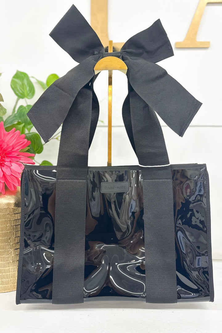 Midnight black jelly tote bag with a bow detail