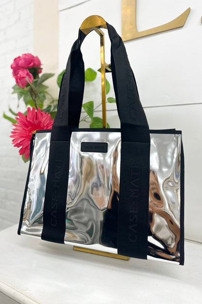 Chrome-finish jelly tote in silver with carry handles
