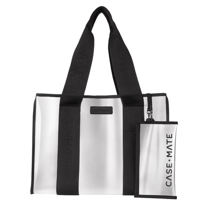 Silver chrome jelly tote bag with a glossy finish