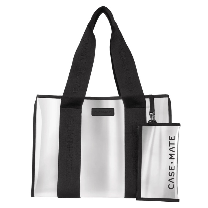 Silver chrome jelly tote bag with a glossy finish