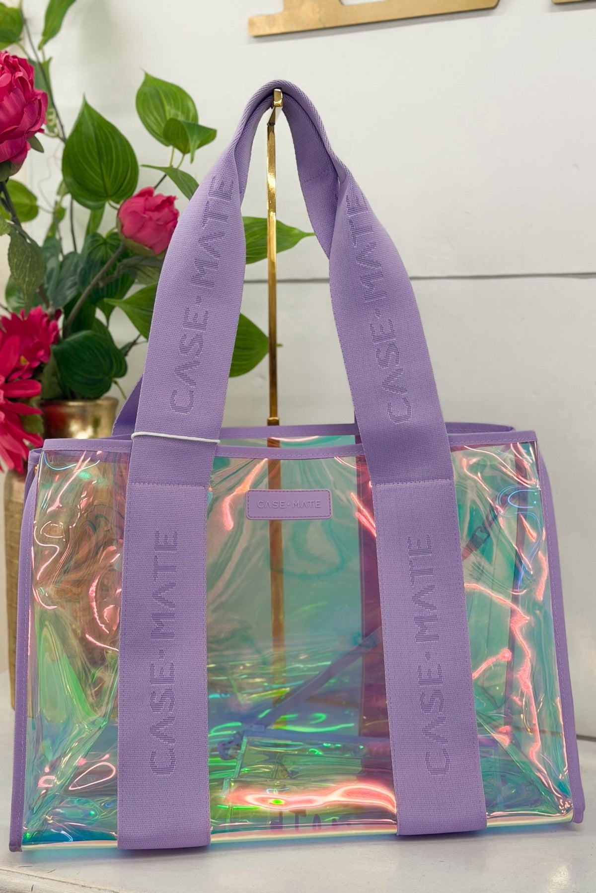 Iridescent soap bubble jelly tote bag with carry handles