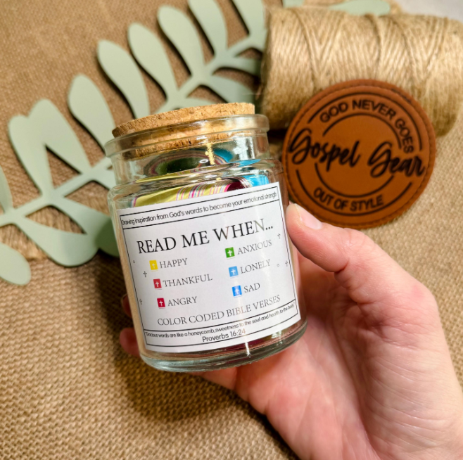 Read Me When Bible Verse Scripture Jar held in hand, label showing six emotions