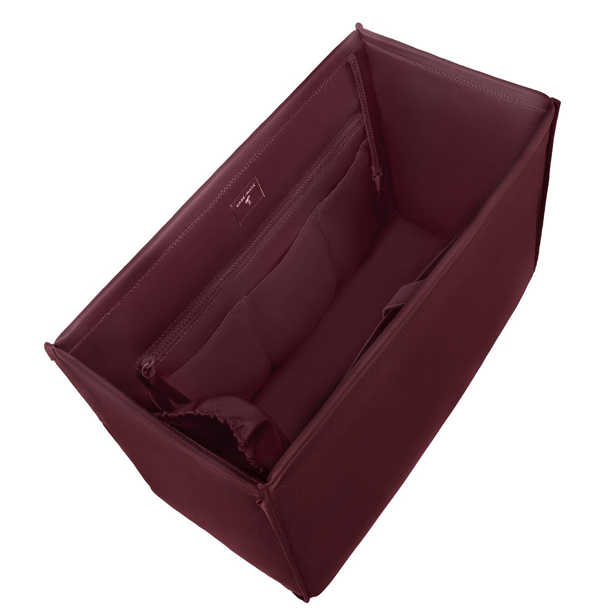 Burgundy folding tote organizer insert with long interior compartments and stitched seams