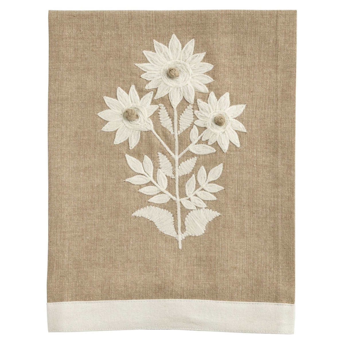 Natural chambray tea towel with embroidered detailing