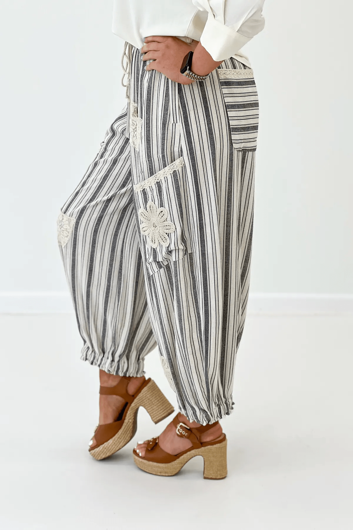 Charcoal Striped Woven Patched Pant - Lavish Boutique Bottoms
