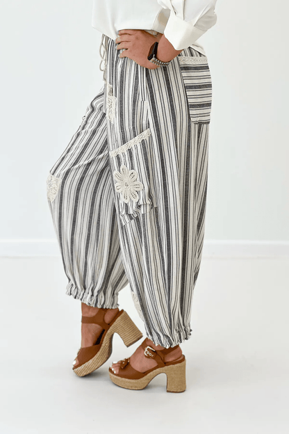 Charcoal Striped Woven Patched Pant - Lavish Boutique Bottoms