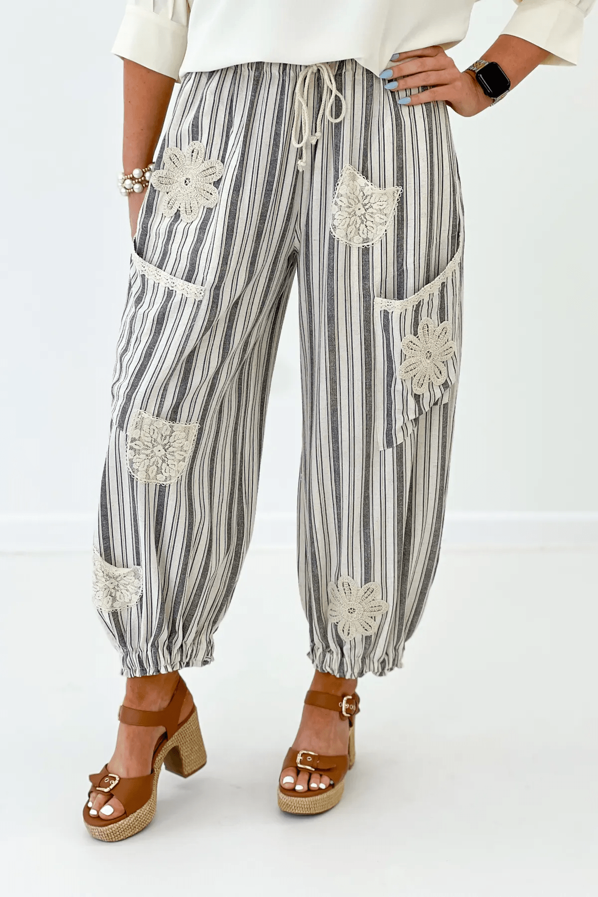 Charcoal Striped Woven Patched Pant - Lavish Boutique Bottoms