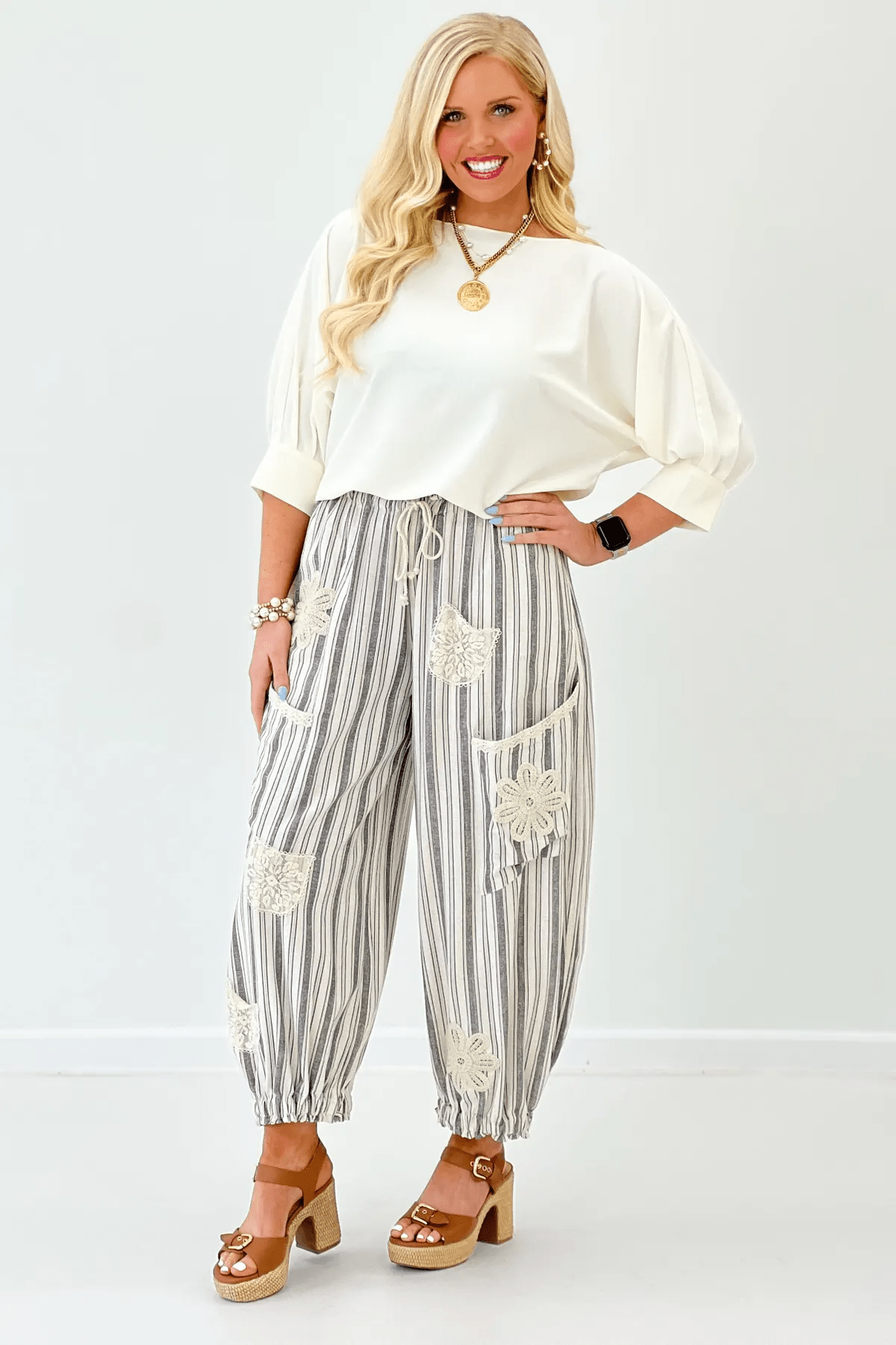 Charcoal Striped Woven Patched Pant - Lavish Boutique Bottoms