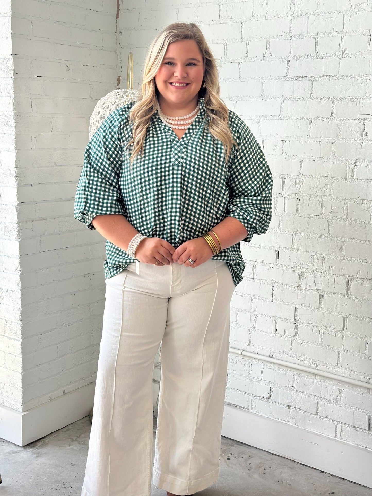 Checkered V-Neck Smocked Top - Lavish Boutique01-TOPS