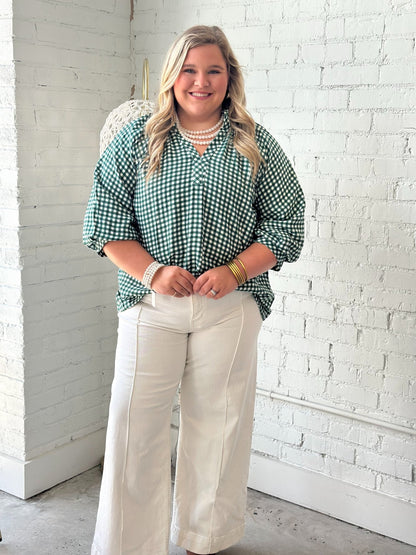 Checkered V-Neck Smocked Top - Lavish Boutique01-TOPS