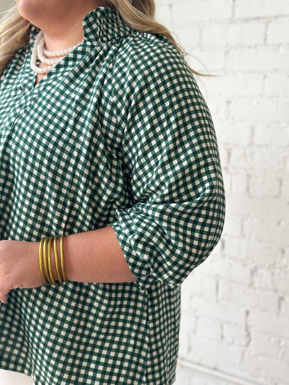 Checkered V-Neck Smocked Top - Lavish Boutique01-TOPS