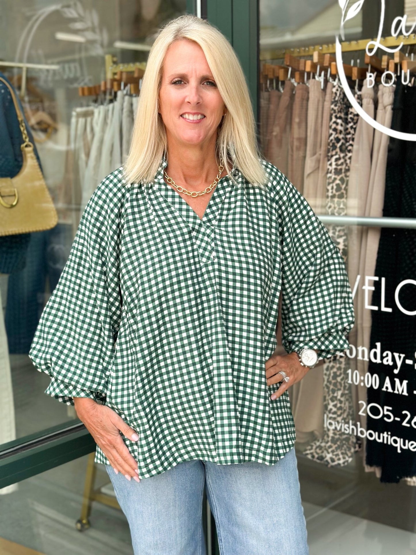 Checkered V-Neck Smocked Top - Lavish Boutique01-TOPS