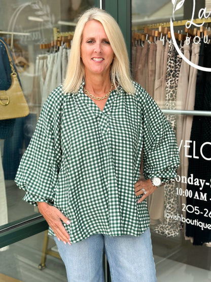 Checkered V-Neck Smocked Top - Lavish Boutique01-TOPS