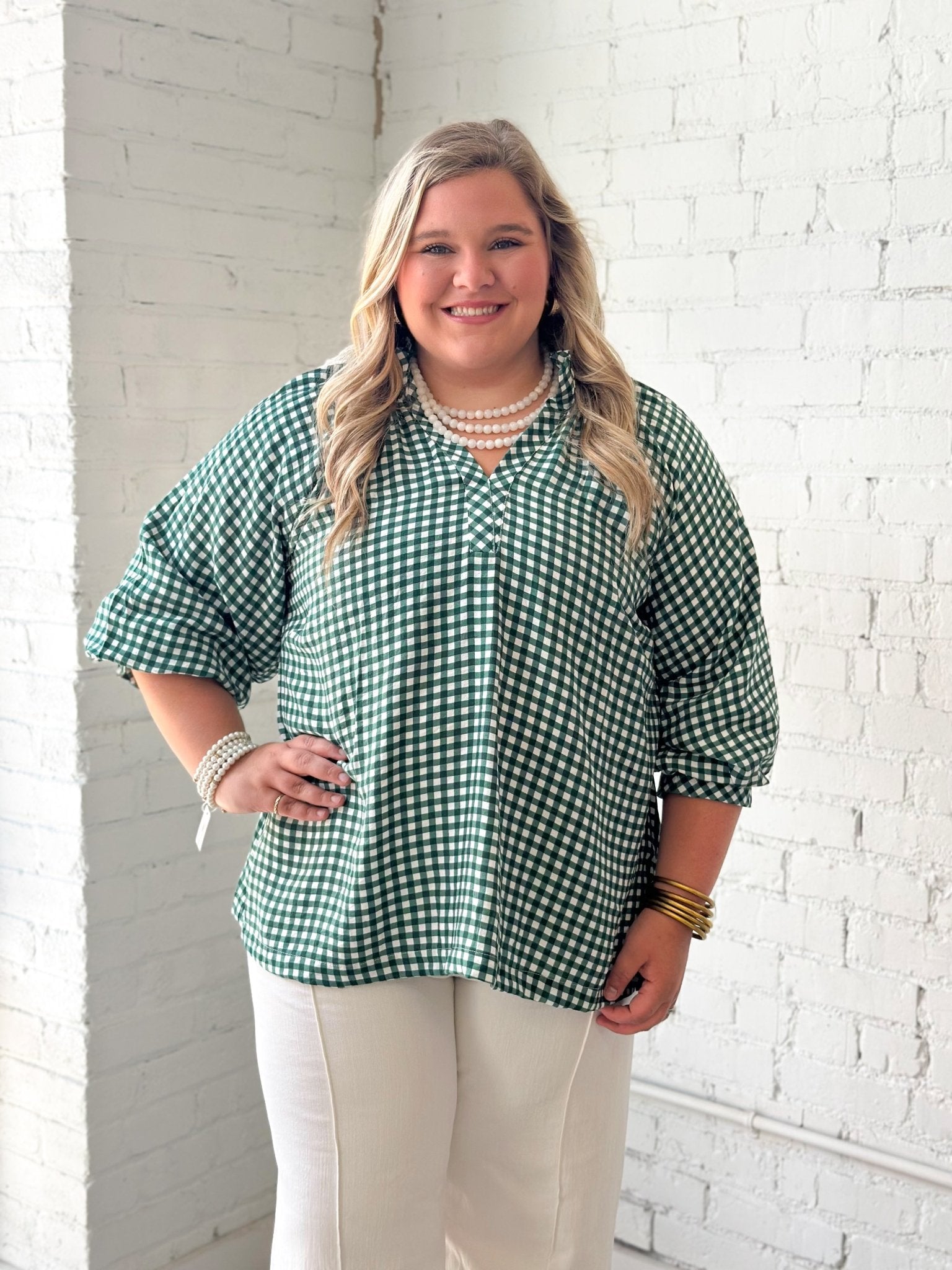 Checkered V-Neck Smocked Top - Lavish Boutique01-TOPS
