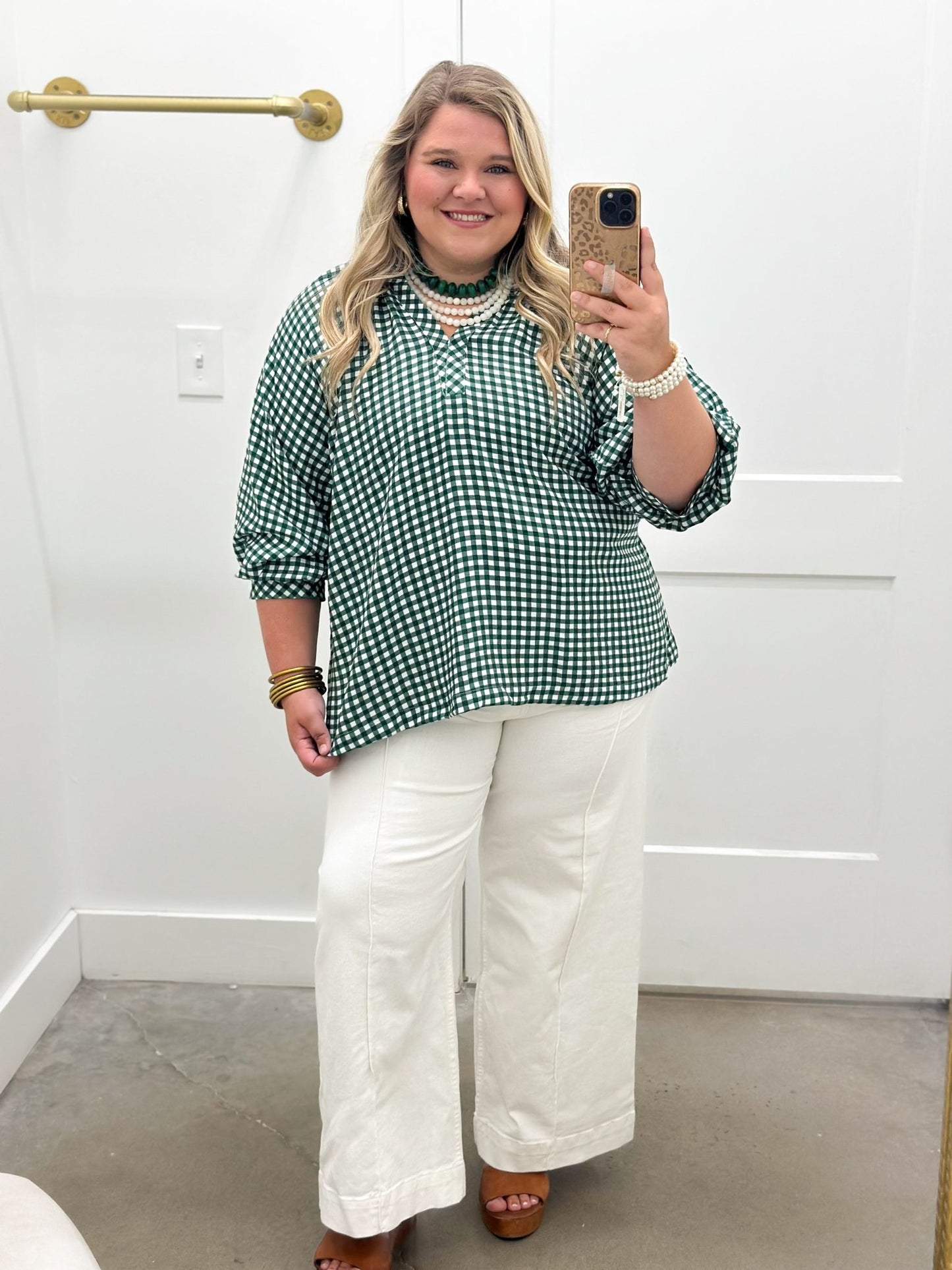 Checkered V-Neck Smocked Top - Lavish Boutique01-TOPS