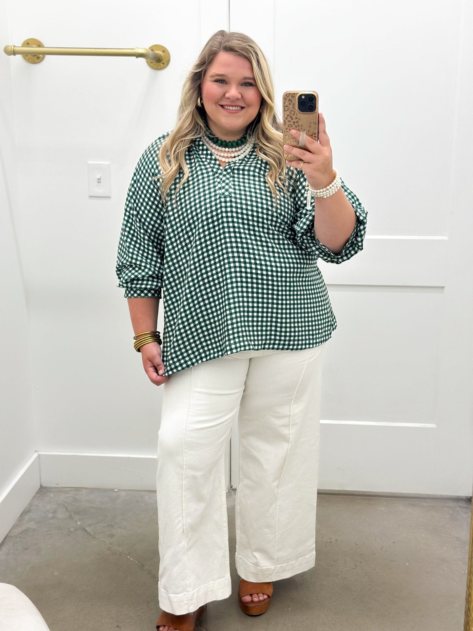 Checkered V-Neck Smocked Top - Lavish Boutique01-TOPS