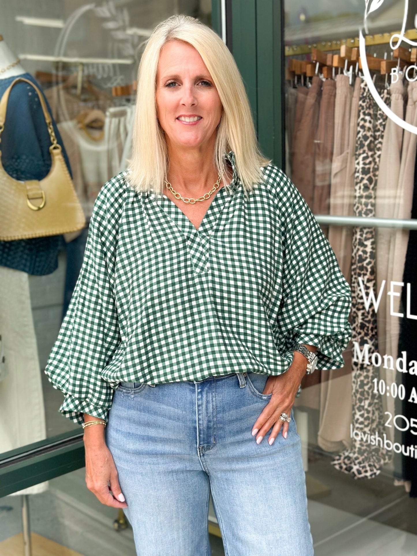 Checkered V-Neck Smocked Top - Lavish Boutique01-TOPS