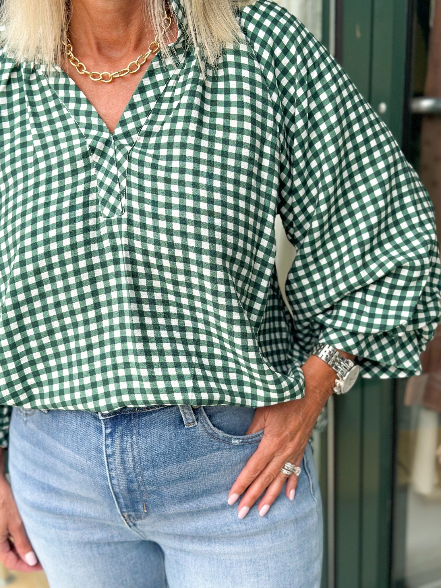 Checkered V-Neck Smocked Top - Lavish Boutique01-TOPS