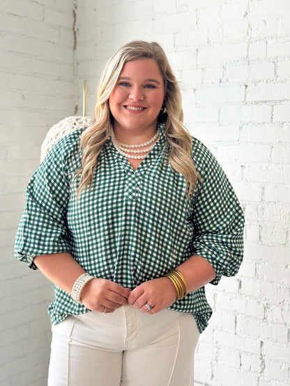 Checkered V-Neck Smocked Top - Lavish Boutique01-TOPS