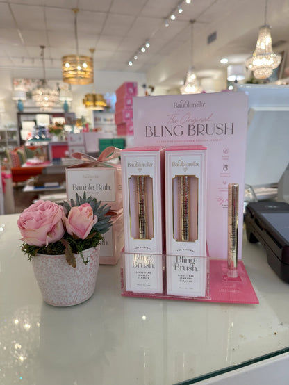 Jewelry cleaner pen with bling brush, boxed retail package with rose-gold accents