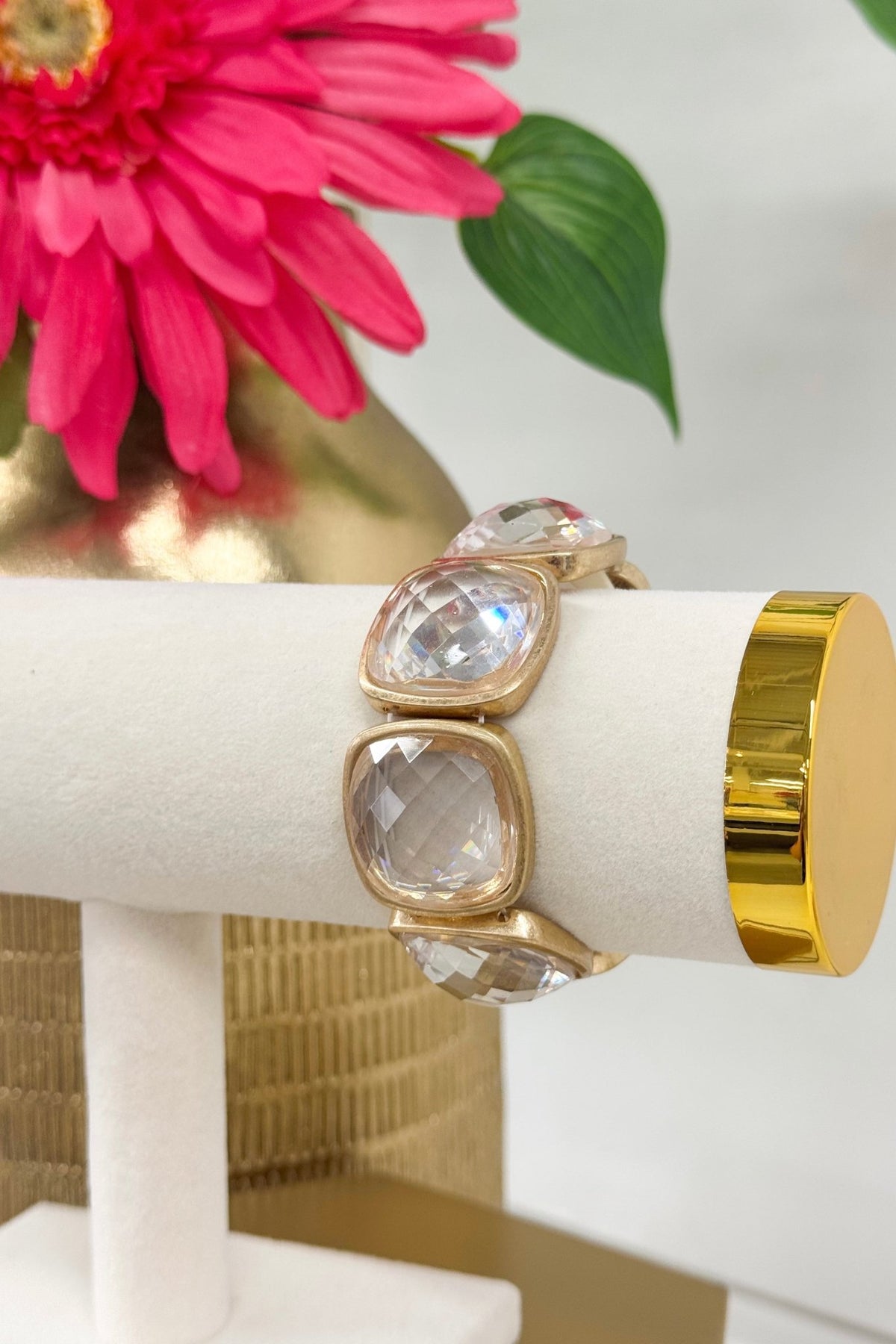 Broad stone bracelet with a cut glass finish