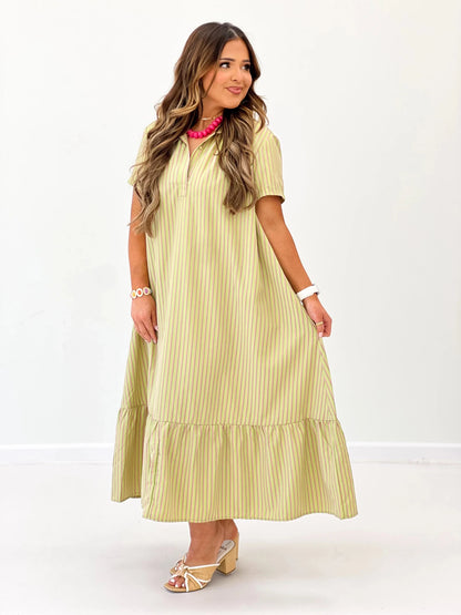 Sage striped midi dress with a collar