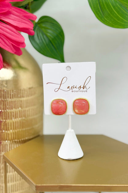 Coral and gold marble stone drop earrings