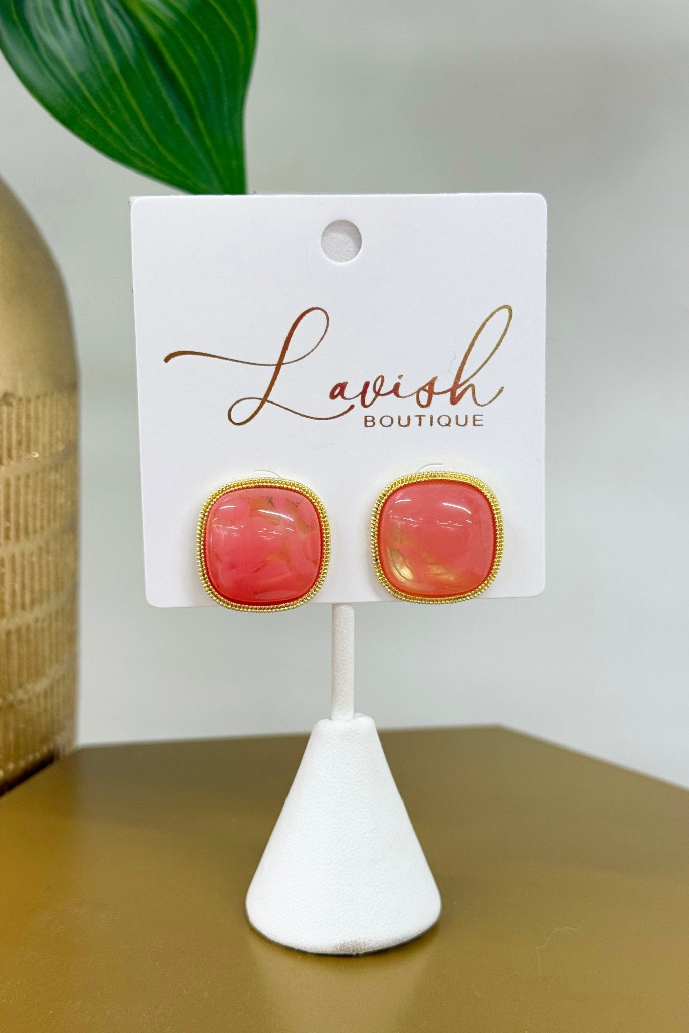 Coral marbled square stone earrings with gold framing