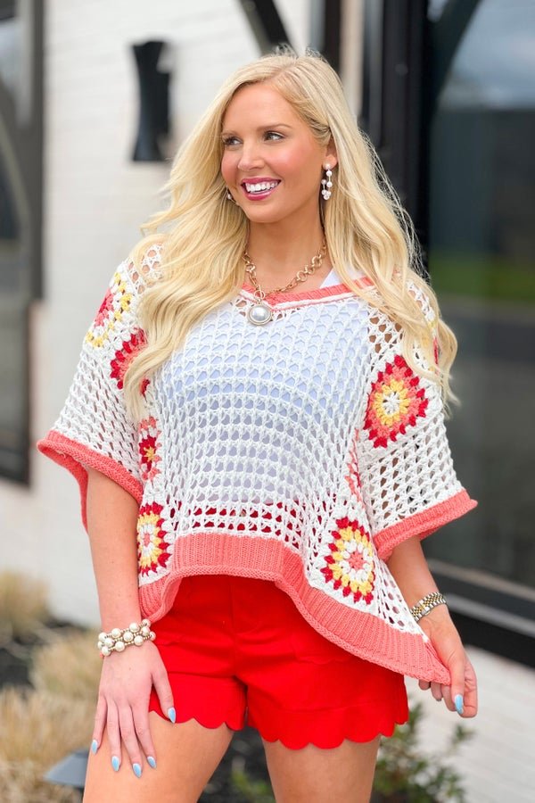 Coral Crochet Patch Detail Top - Lavish Boutique Tops