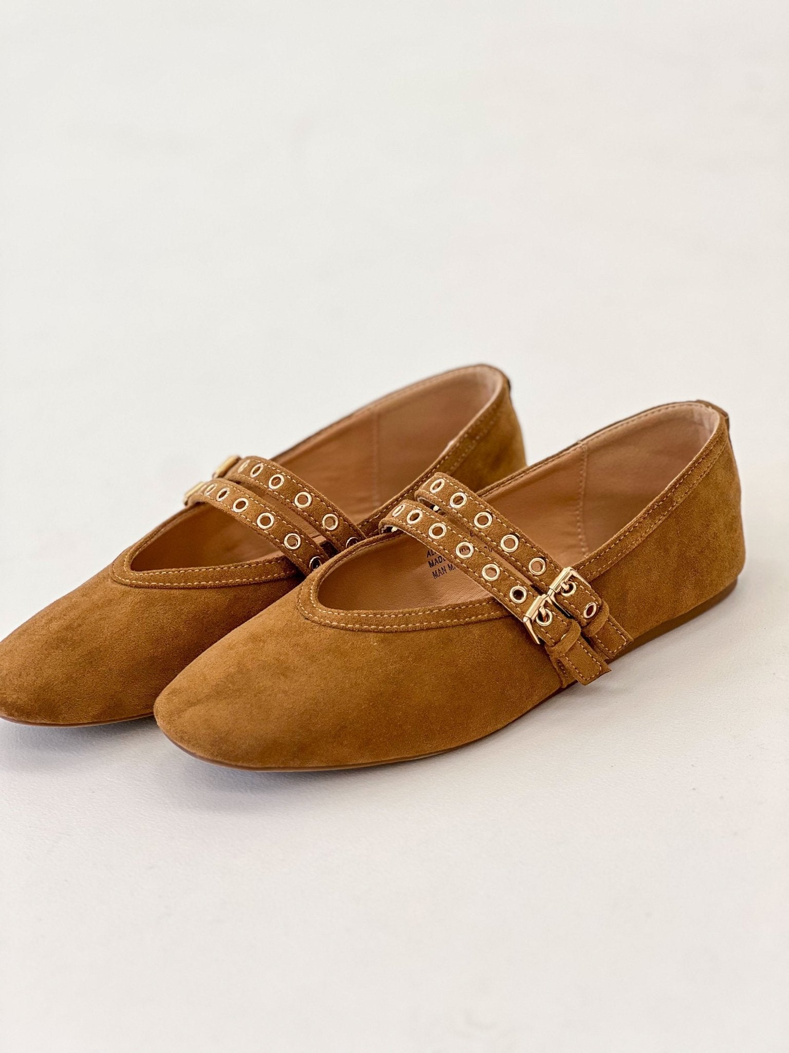 Camel faux suede Mary Jane flats with studded T-strap buckle, pointed toe