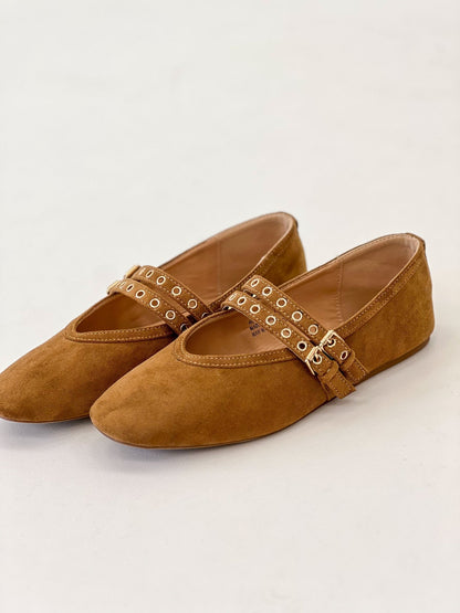 Camel faux suede Mary Jane flats with studded T-strap buckle, pointed toe