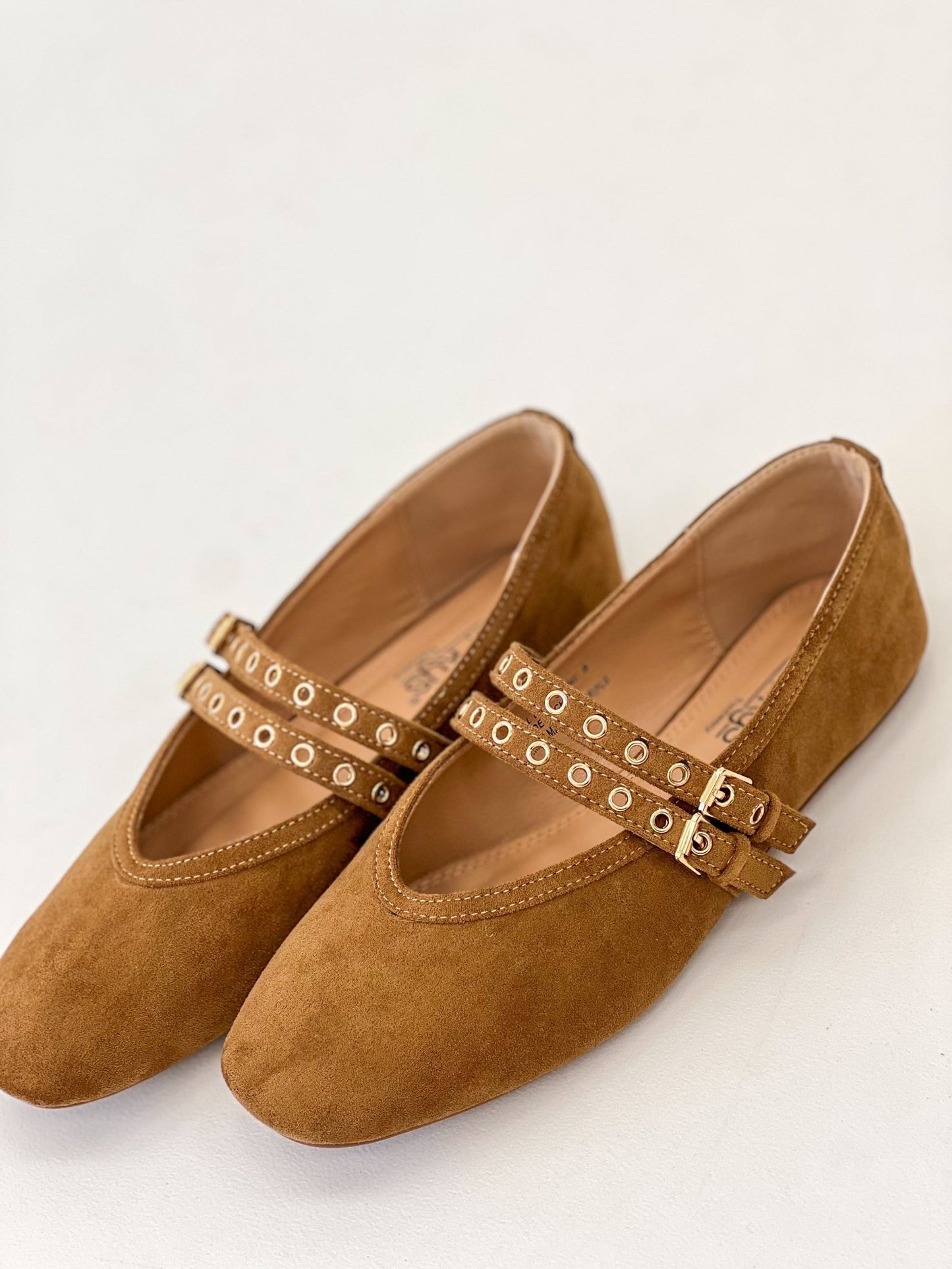 Camel faux suede Mary Jane flats, front view, T-strap with eyelets and buckle