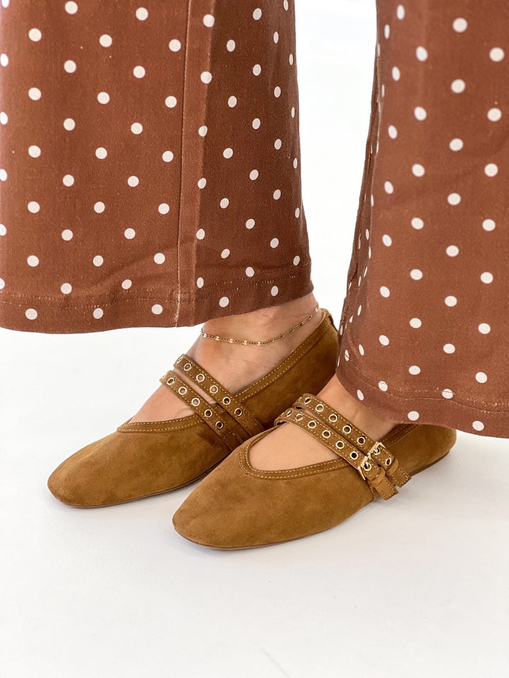 Camel faux suede Mary Jane flats, side view, studded strap with buckle, low heel