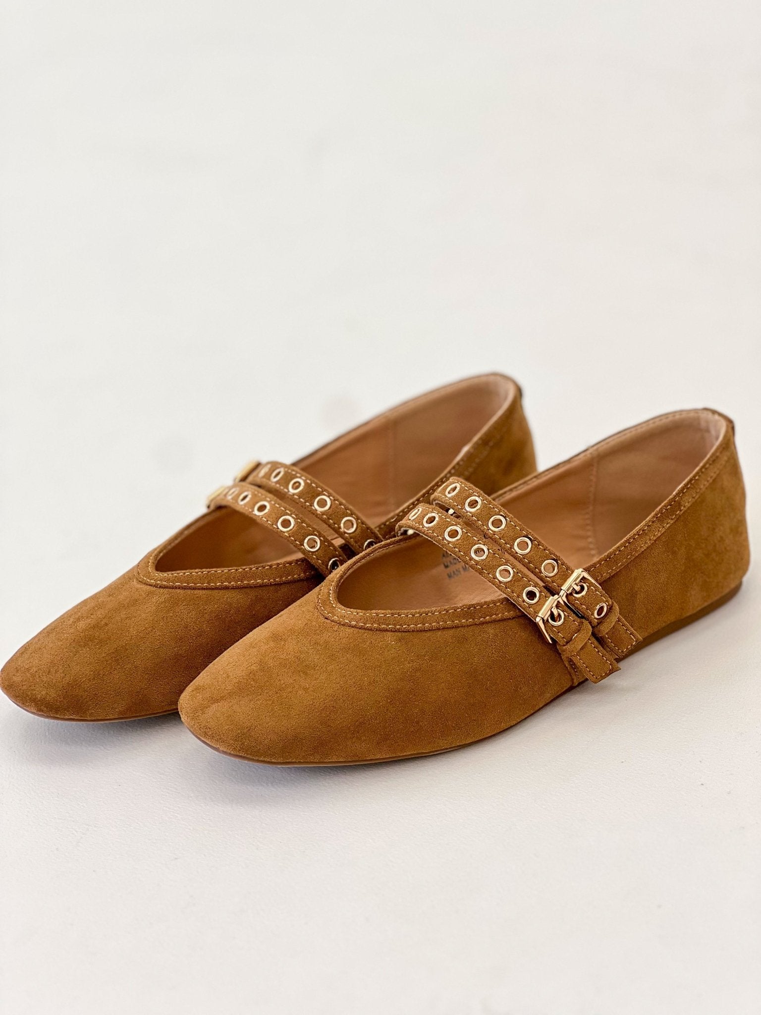 Camel faux suede Mary Jane flats, 3/4 view, T-strap with eyelet buckle