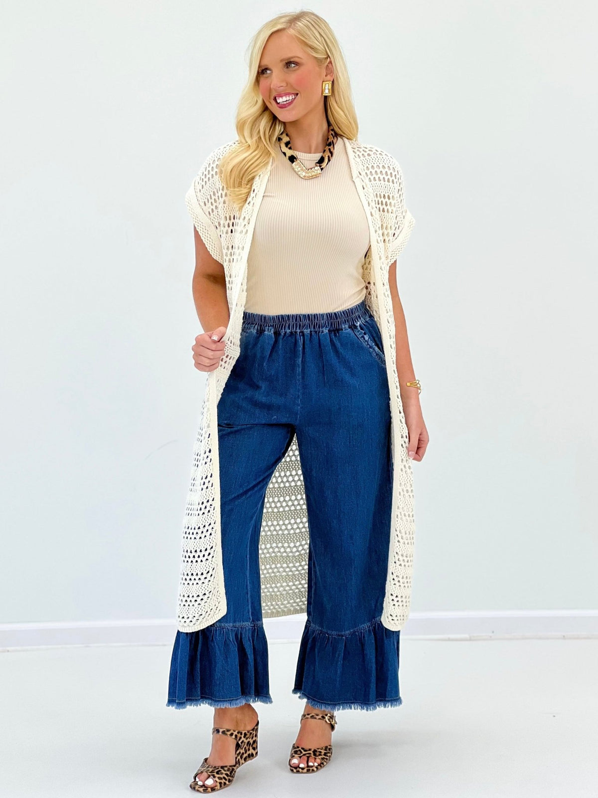 Long open weave cardigan in ivory