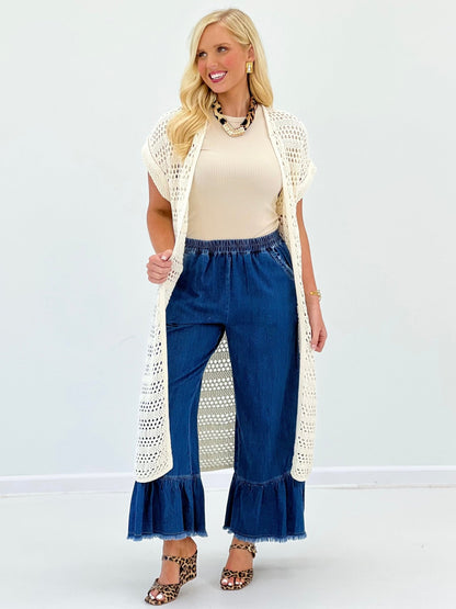Long open weave cardigan in ivory