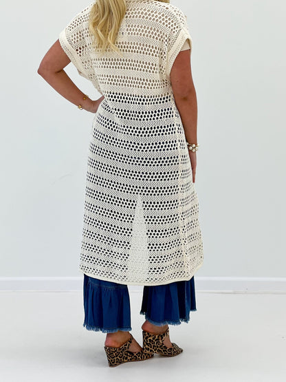 Long ivory cardigan with dropped sleeve seams