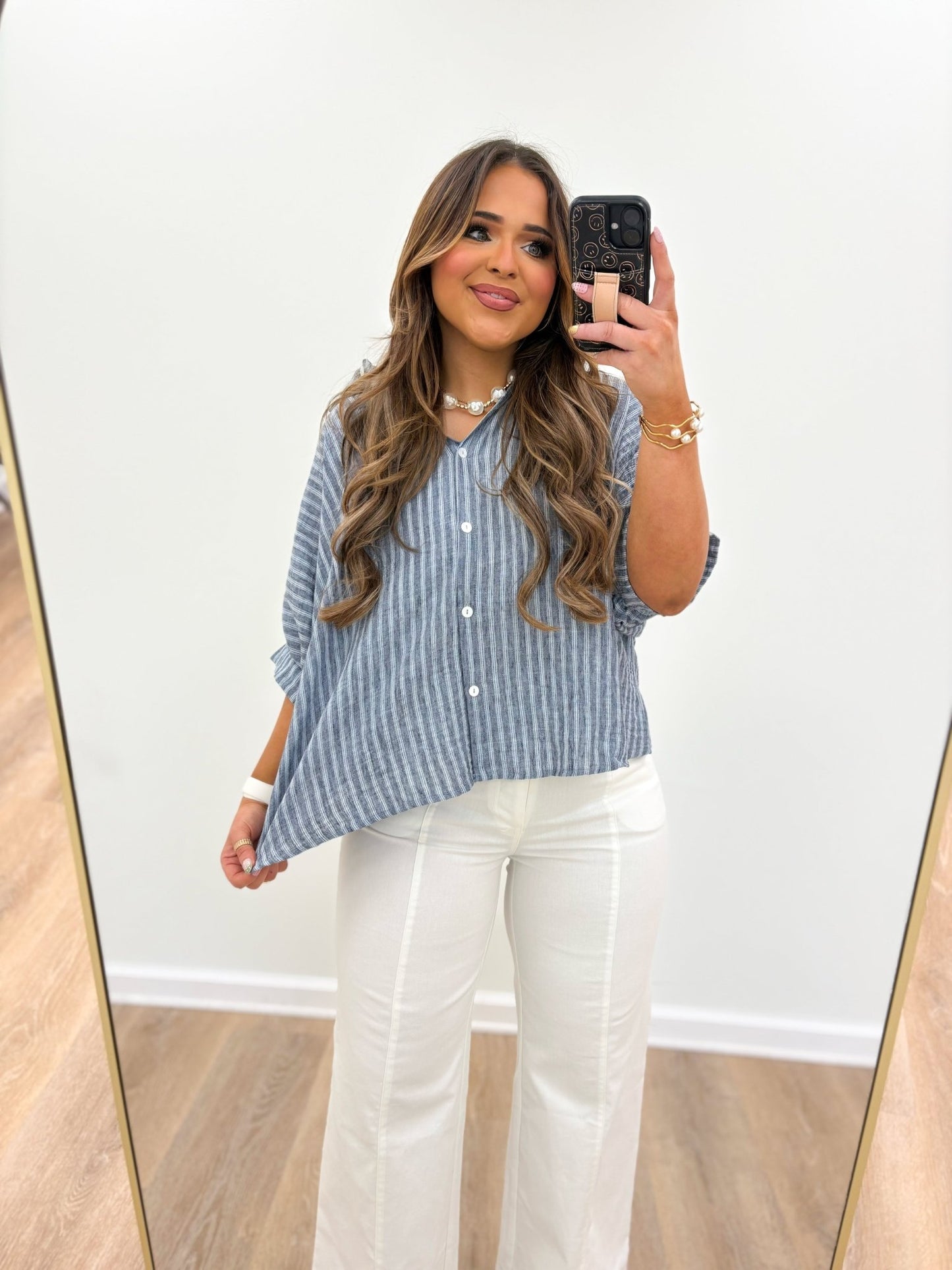 Dark denim stripe top with long sleeves