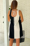 Oatmeal and Black Color Block Linen Sleeveless Dress