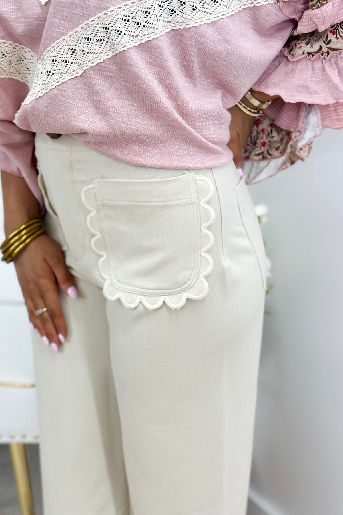 Cream Colette Scallop Pants - Lavish BoutiqueBottoms