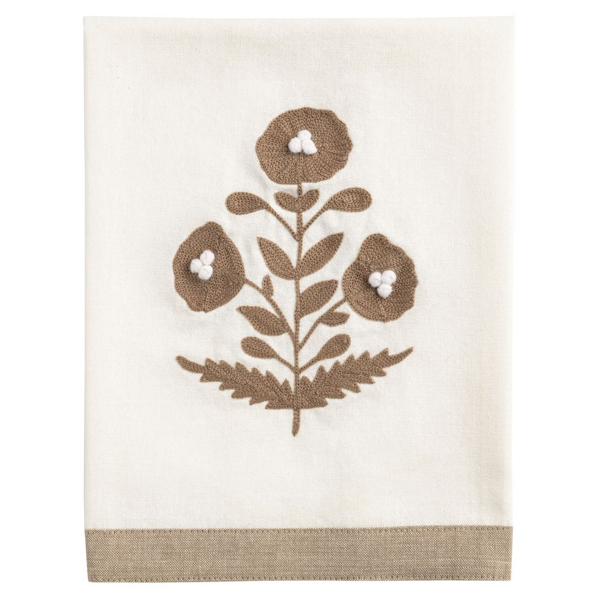 Cream tea towel with taupe floral embroidery