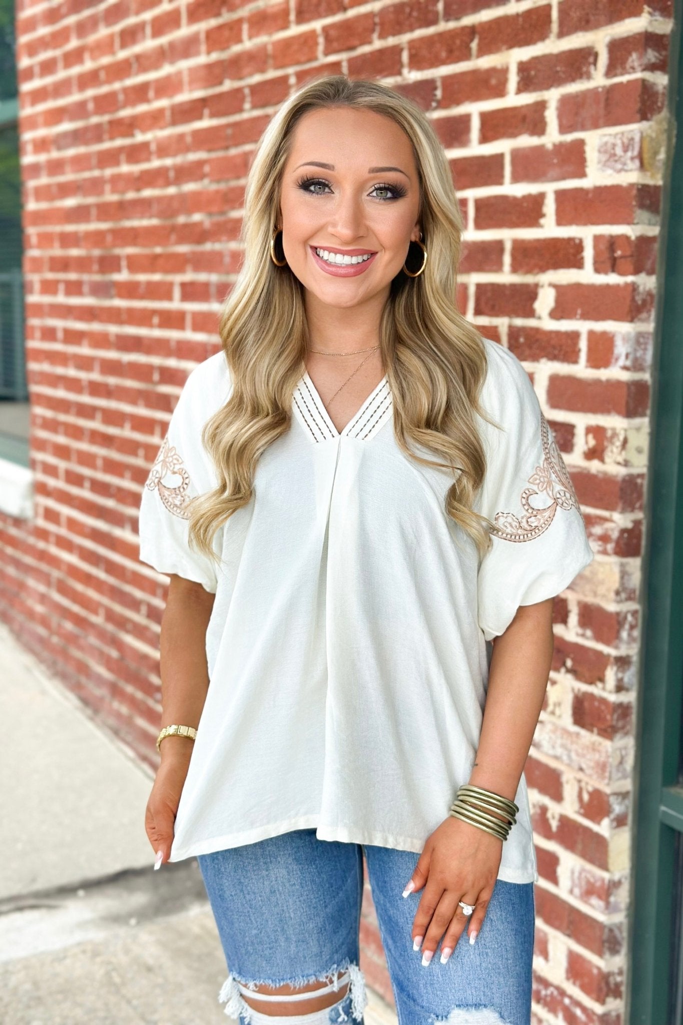 Cream Embroidered Sleeve Top - Lavish Boutique Tops