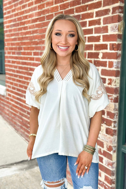 Cream Embroidered Sleeve Top - Lavish Boutique Tops