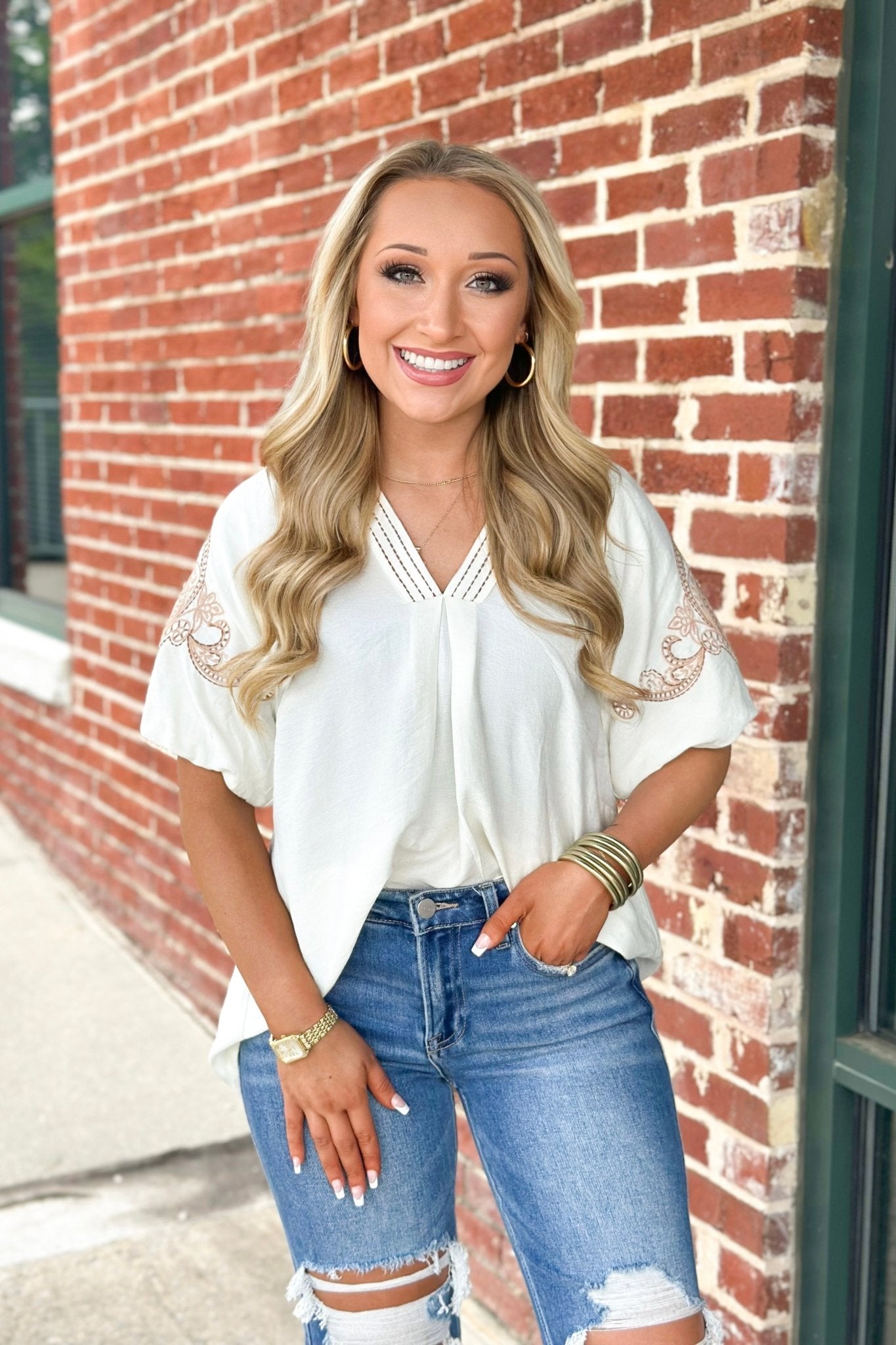 Cream Embroidered Sleeve Top - Lavish Boutique Tops
